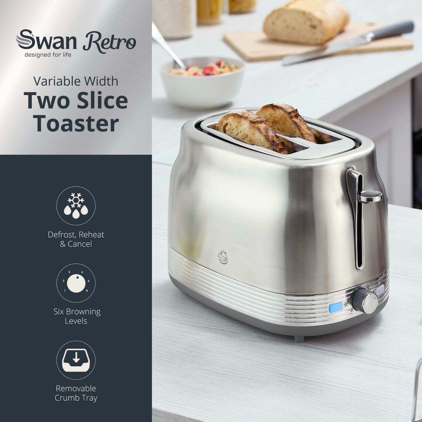 Swan Retro Pyramid Kettle & 2 Slice Toaster Kitchen Set (Stainless Steel) - Vibe Home