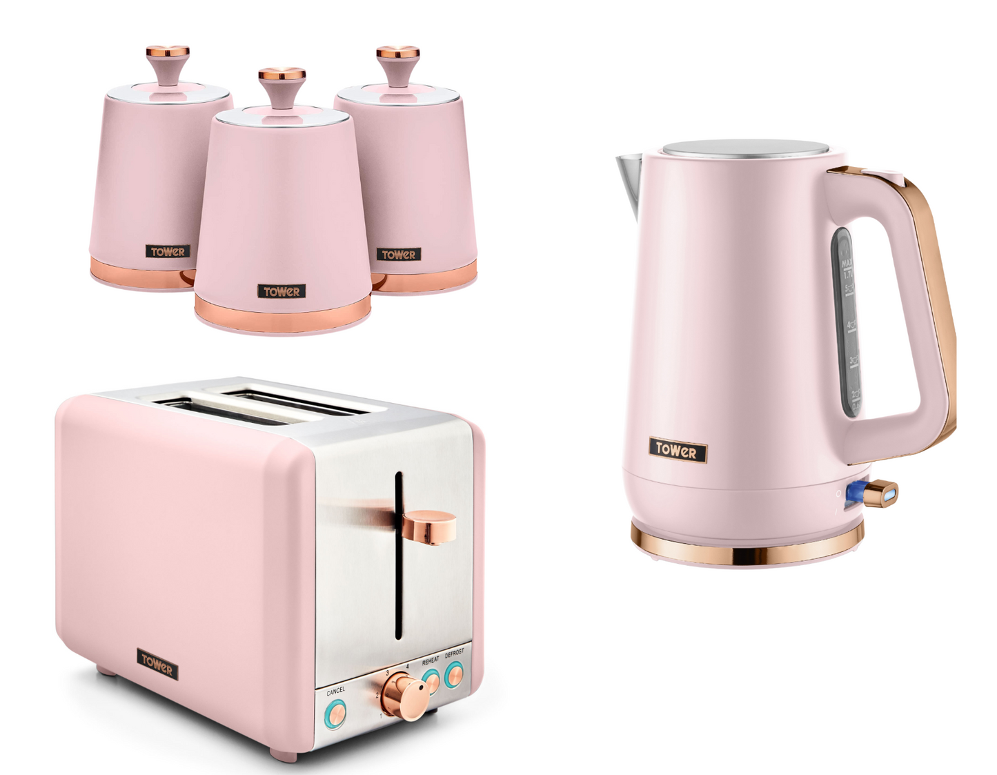 Tower Cavaletto Jug Kettle, 2 Slice Toaster & Canisters Kitchen Set (Pink) - Vibe Home