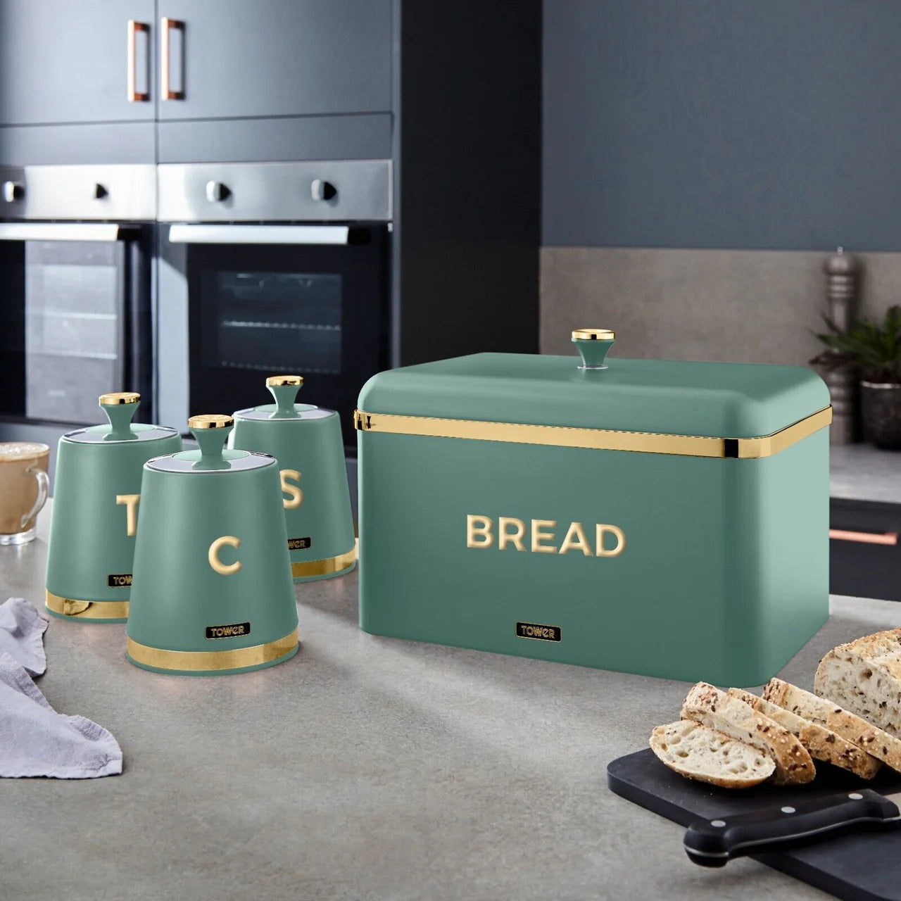 Tower Cavaletto Bread Bin & Canisters Kitchen Set (Jade Green)