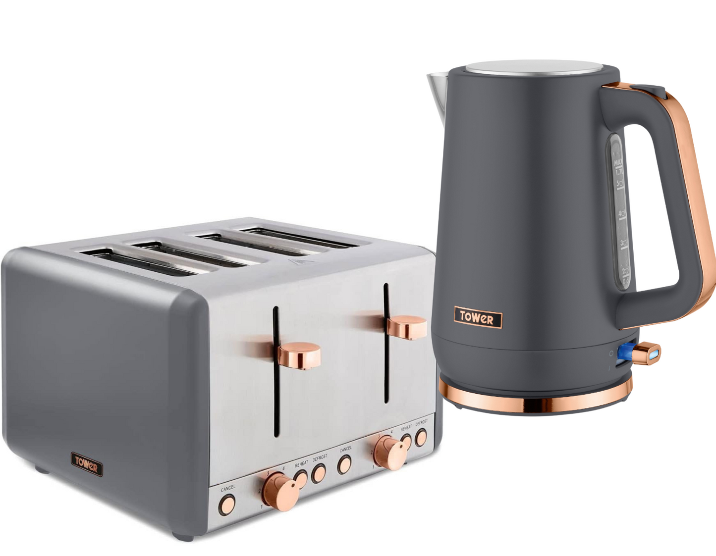 Tower Cavaletto Jug Kettle & 4 Slice Toaster Kitchen Set (Grey) - Vibe Home