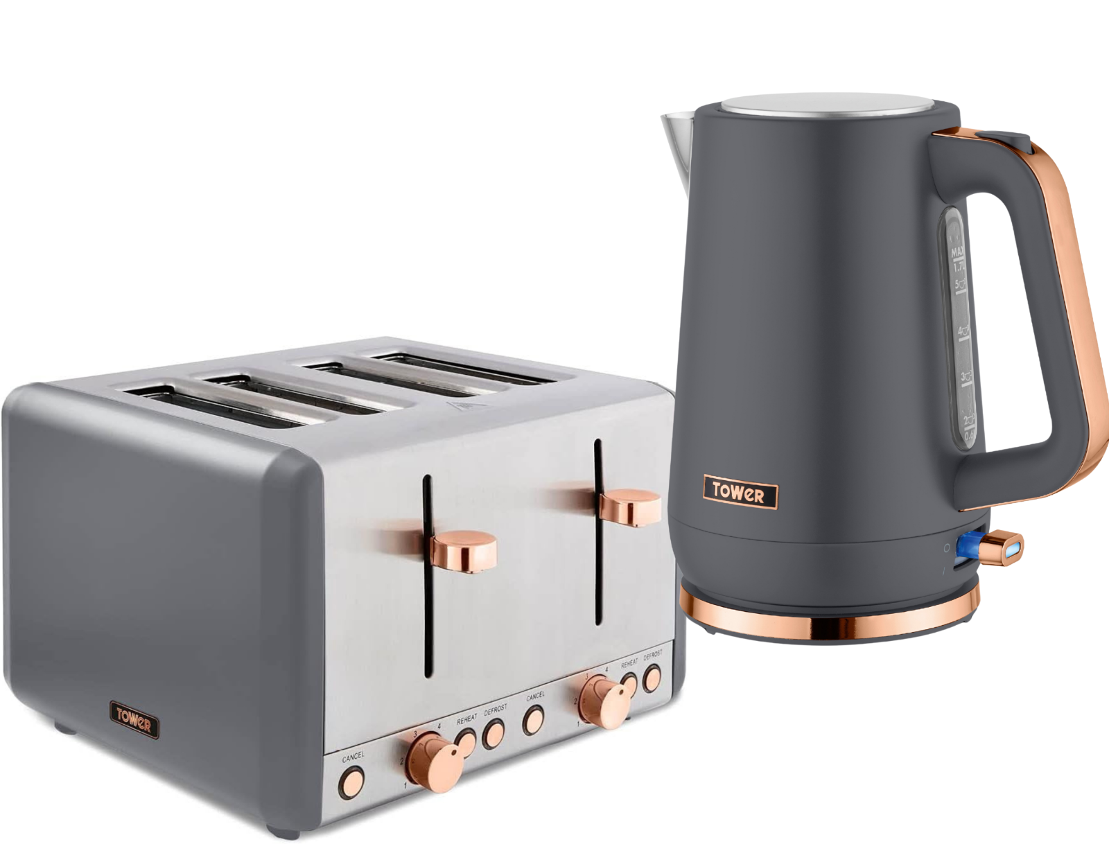 Tower Cavaletto Jug Kettle & 4 Slice Toaster Kitchen Set (Grey) - Vibe Home