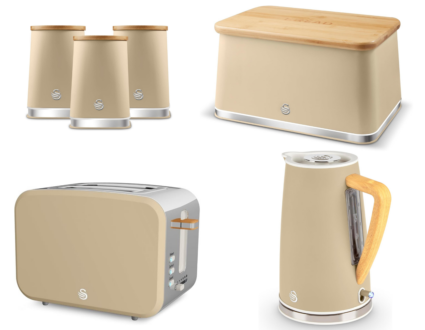 Swan Nordic Kettle, 2 Slice Toaster, Bread Bin, Canisters Kitchen Set (Oatmeal) - Vibe Home