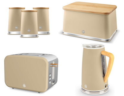 Swan Nordic Kettle, 2 Slice Toaster, Bread Bin, Canisters Kitchen Set (Oatmeal) - Vibe Home