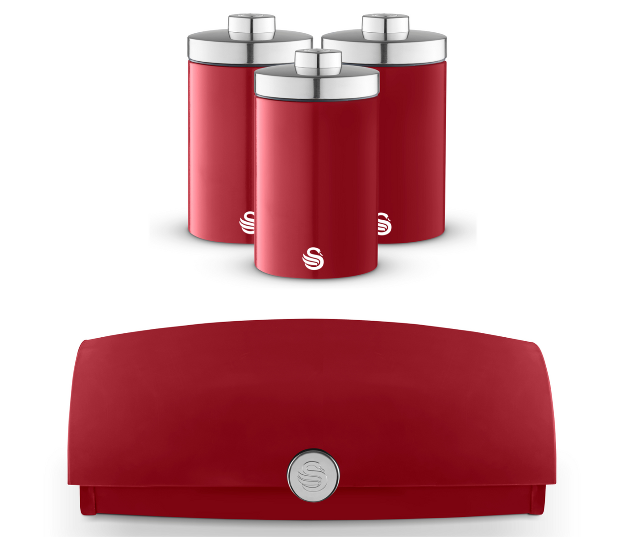 Red bread bin and three matching canisters with chrome lids