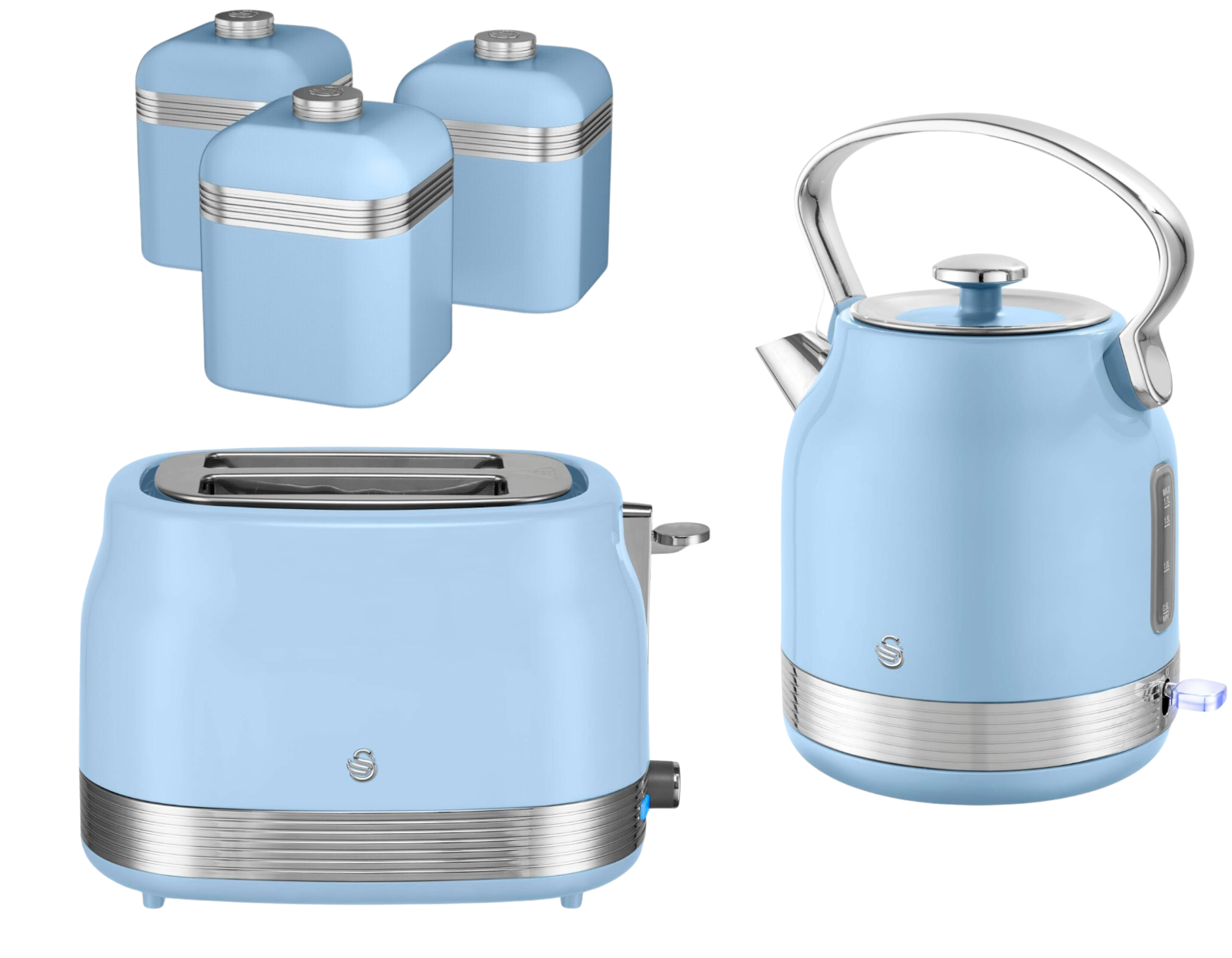 Swan Retro Pyramid Kettle, 2 Slice Toaster & Canisters Kitchen Set (Blue) - Vibe Home