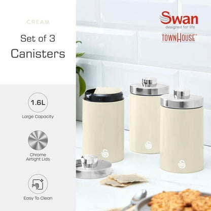 Swan Townhouse Kettle, 2 Slice Toaster, Bread Bin, Canisters Kitchen Set (Cream) - Vibe Home