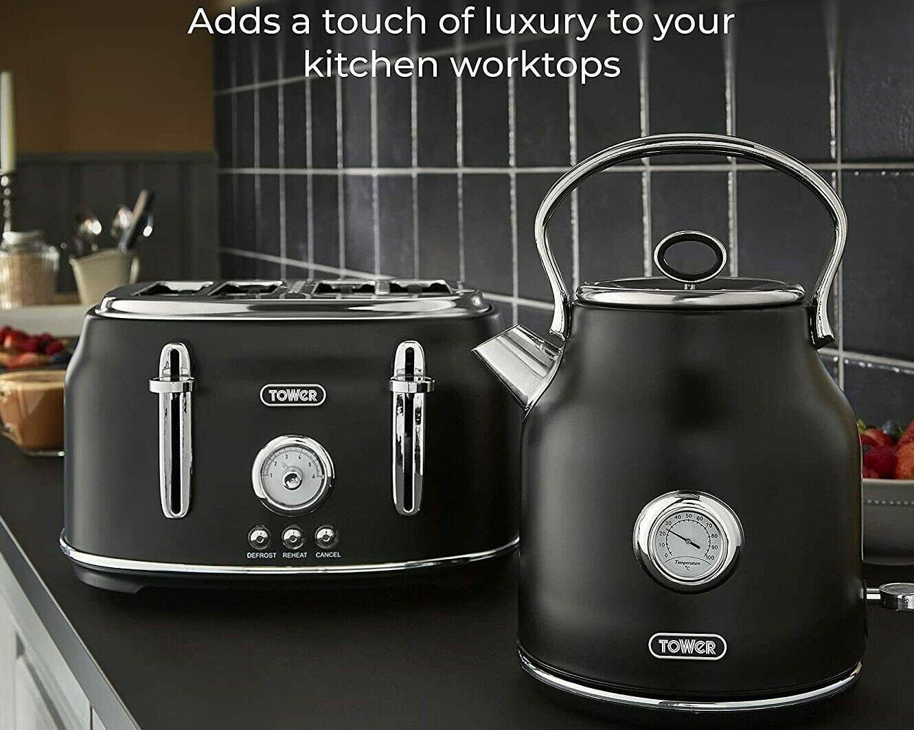 Tower Renaissance Kettle, 4 Slice Toaster, Bread Bin, Canisters Kitchen Set (Black) - Vibe Home