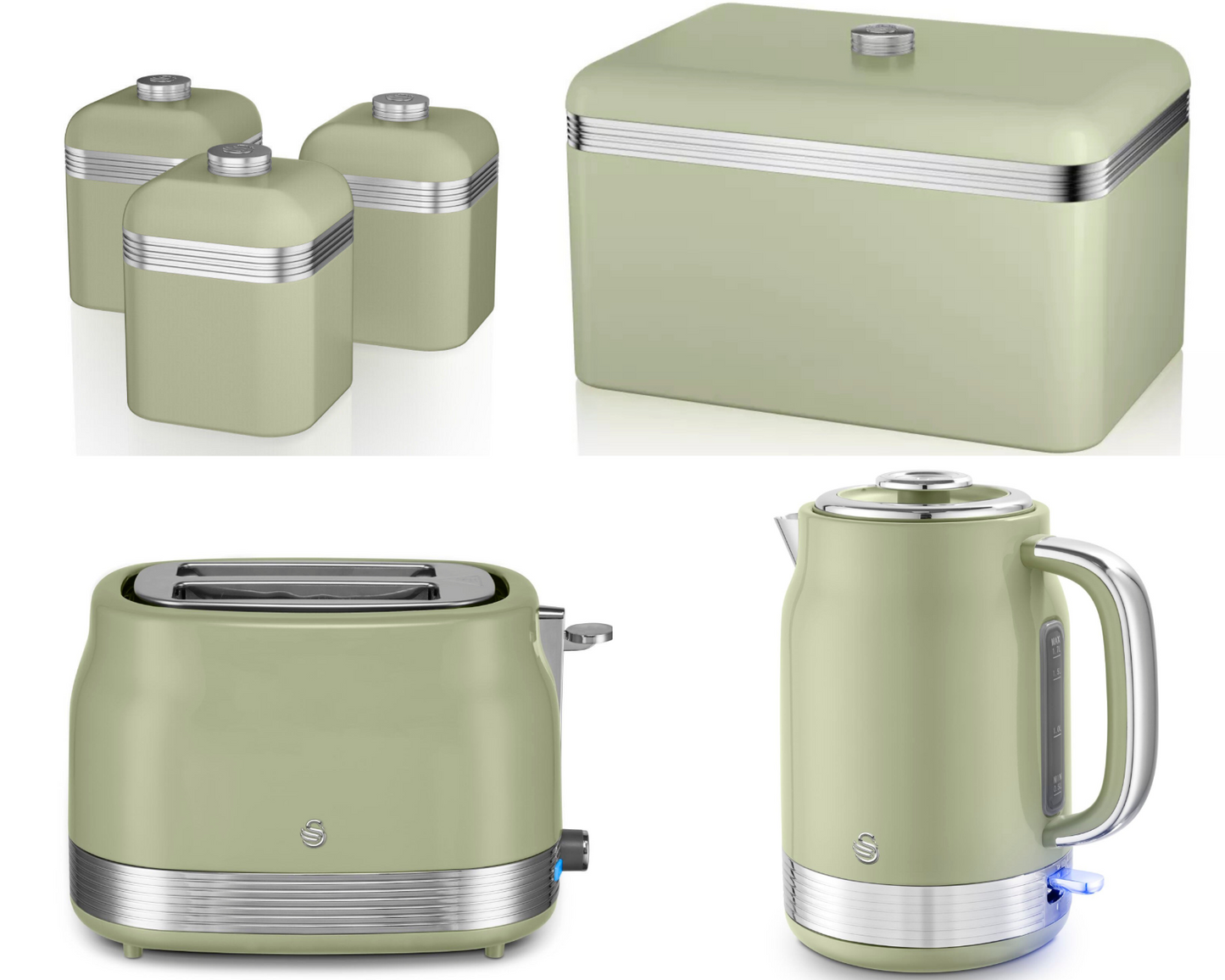 Swan Retro Jug Kettle, 2 Slice Toaster, Bread Bin & Canisters Kitchen Set (Green) - Vibe Home