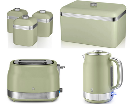 Swan Retro Jug Kettle, 2 Slice Toaster, Bread Bin & Canisters Kitchen Set (Green) - Vibe Home