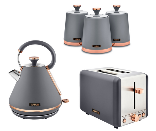 Tower Cavaletto Pyramid Kettle, 2 Slice Toaster & Canisters Kitchen Set (Grey) - Vibe Home