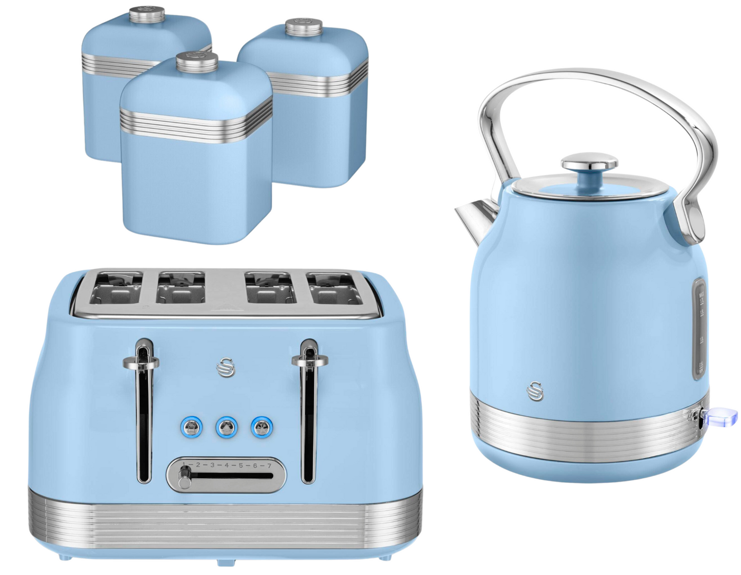 Swan Retro Pyramid Kettle, 4 Slice Toaster & Canisters Kitchen Set (Blue) - Vibe Home