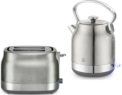 Swan Retro Pyramid Kettle & 2 Slice Toaster Kitchen Set (Stainless Steel) - Vibe Home