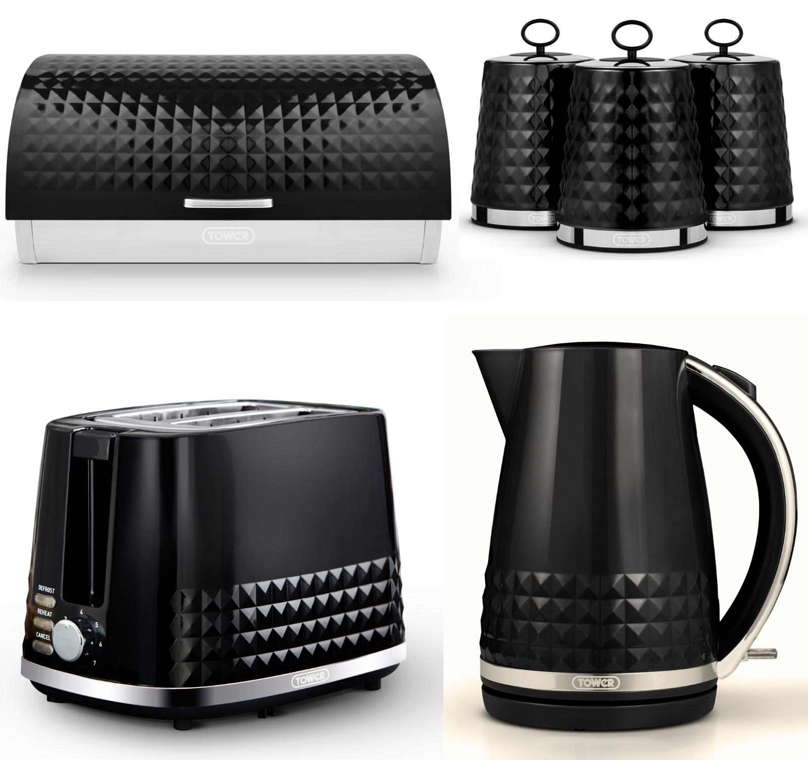 Tower Solitaire Kettle, 2 Slice Toaster, Bread Bin & Canisters Kitchen Set (Black) - Vibe Home