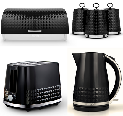 Tower Solitaire Kettle, 2 Slice Toaster, Bread Bin & Canisters Kitchen Set (Black) - Vibe Home