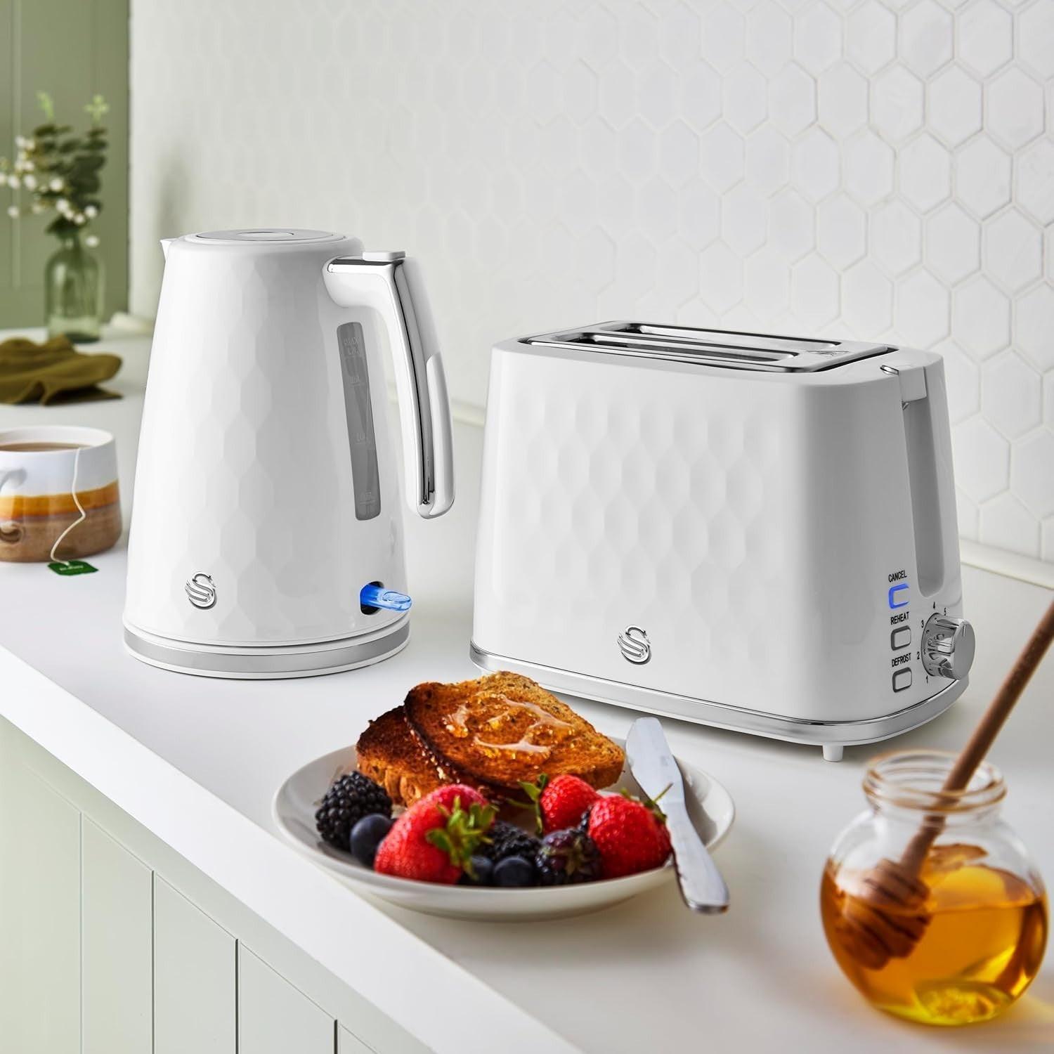 Swan Hexton Kettle & 2 Slice Toaster Kitchen Set (White) - Vibe Home