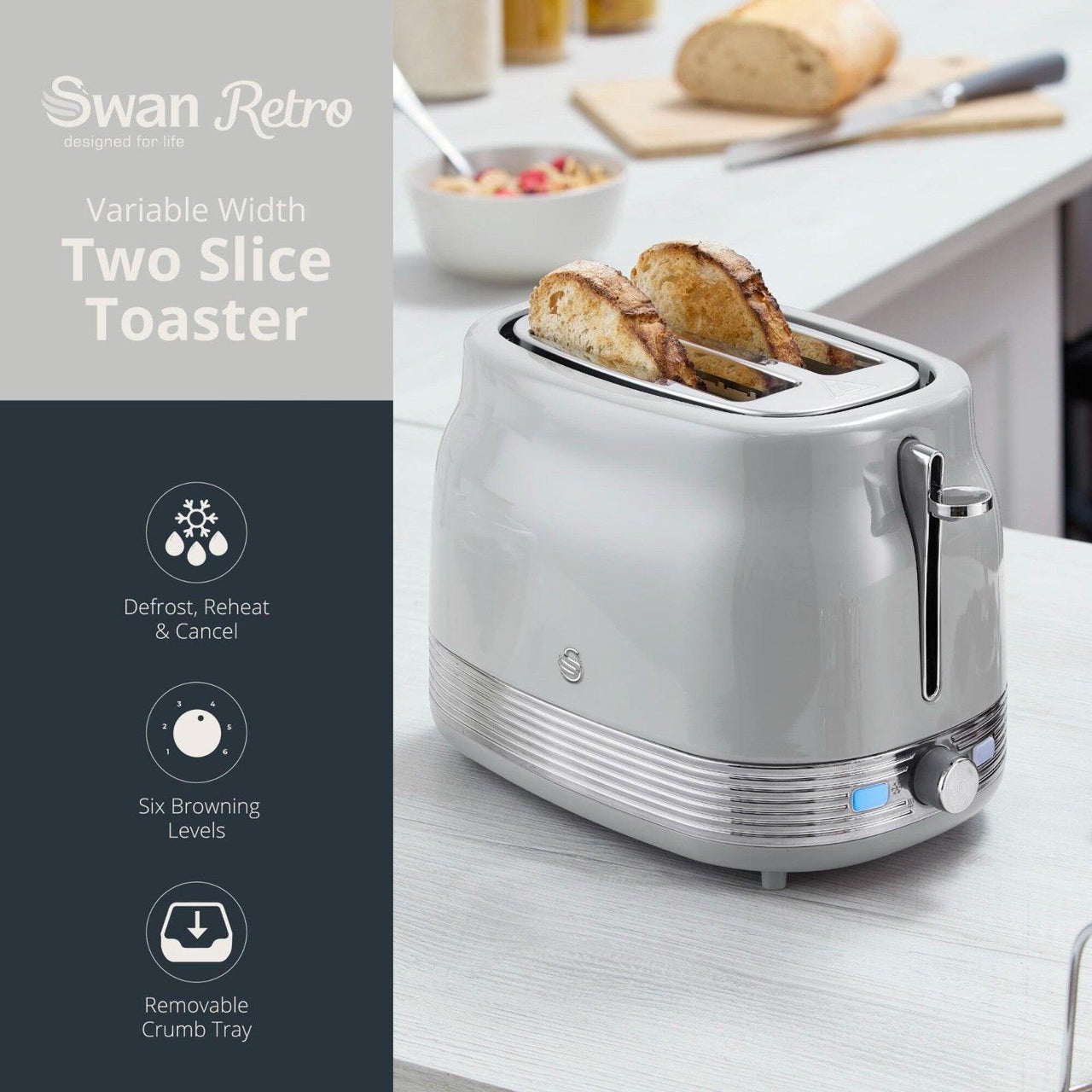 Grey two-slice toaster with chrome lever, warming slots and crumb tray
