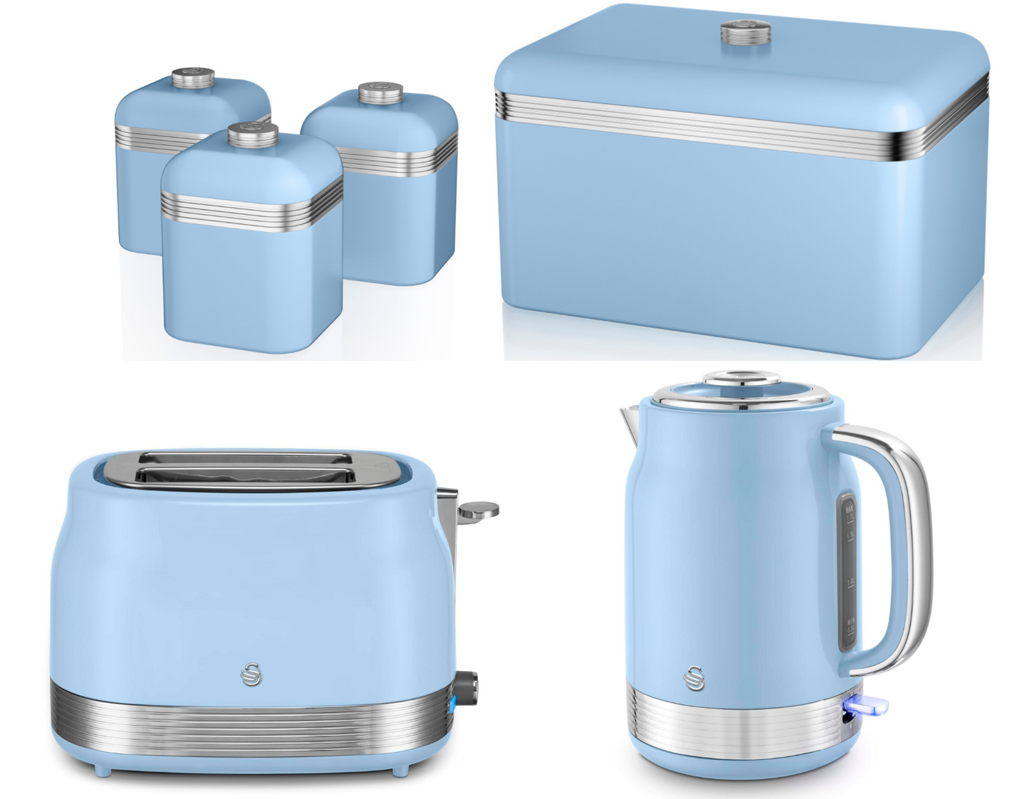 Swan Retro Jug Kettle, 2 Slice Toaster, Bread Bin & Canisters Kitchen Set (Blue) - Vibe Home