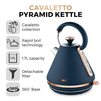 Tower Cavaletto Pyramid Kettle, 4 Slice Toaster & Canister Kitchen Set (Midnight Blue) - Vibe Home