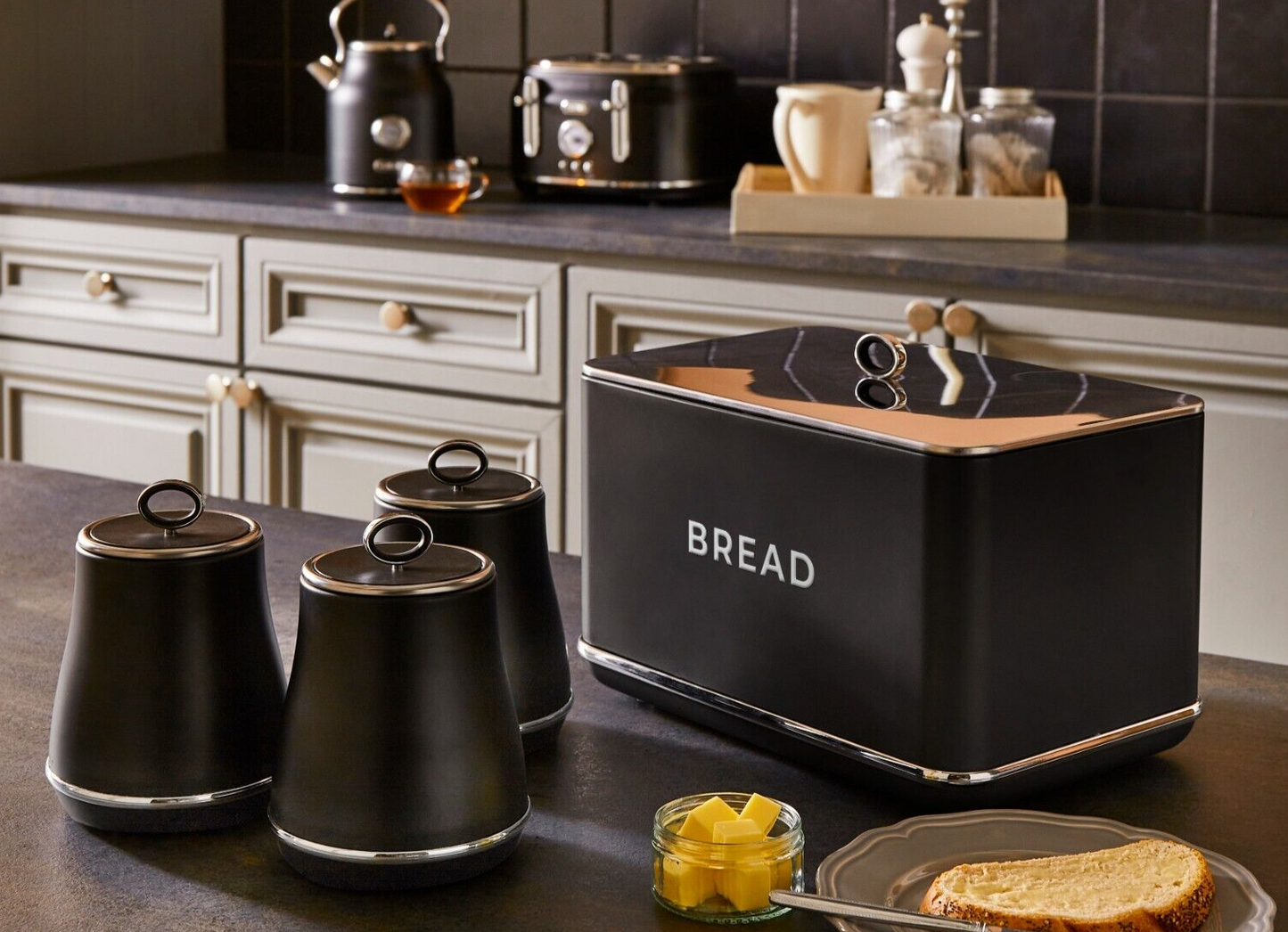 Tower Renaissance Bread Bin & Canisters Kitchen Storage Set (Black) - Vibe Home