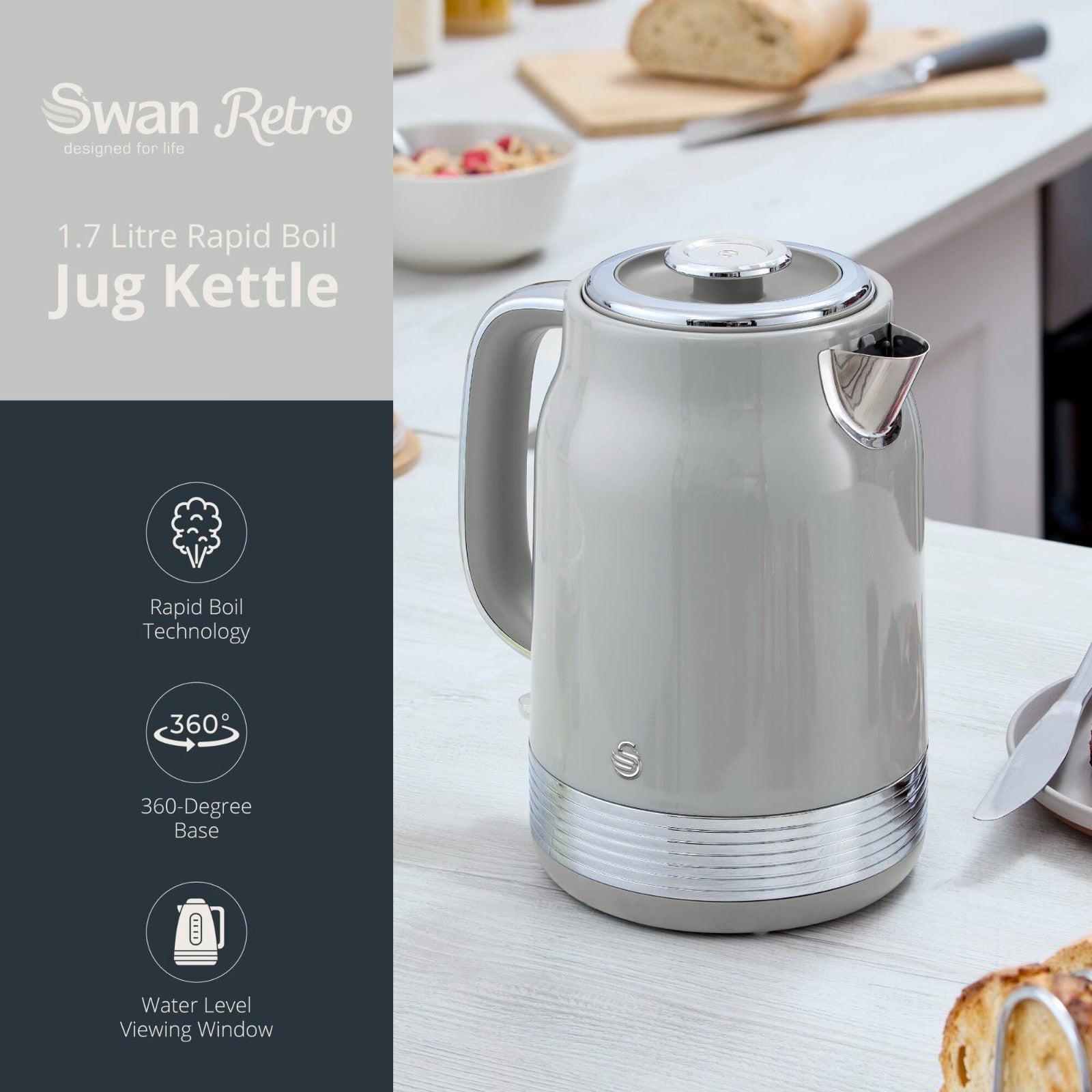 Swan Retro Jug Kettle, 2 Slice Toaster, Bread Bin, Canisters Kitchen Set (Grey) - Vibe Home