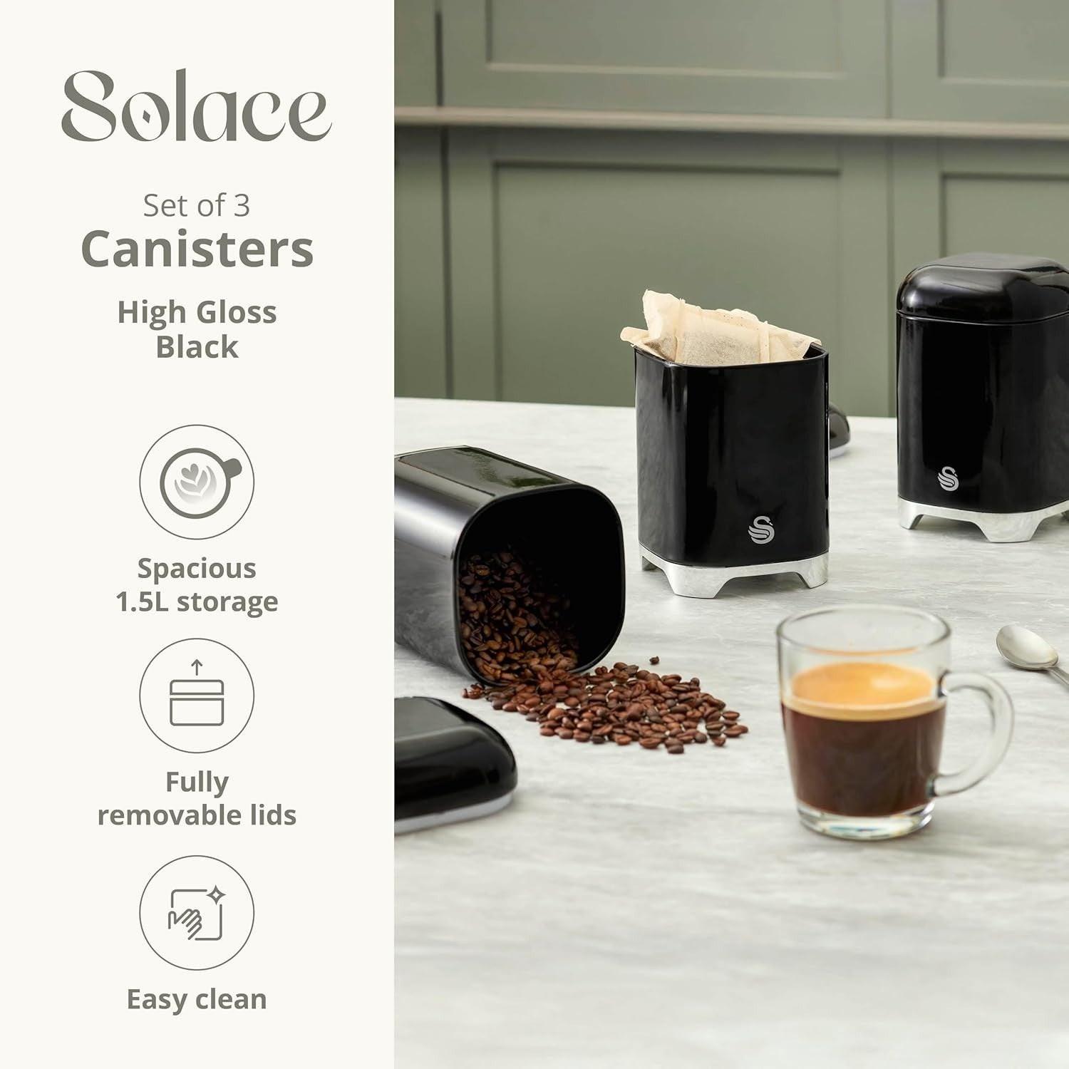 Swan Solace Bread Bin & Canisters Kitchen Storage Set (Black) - Vibe Home