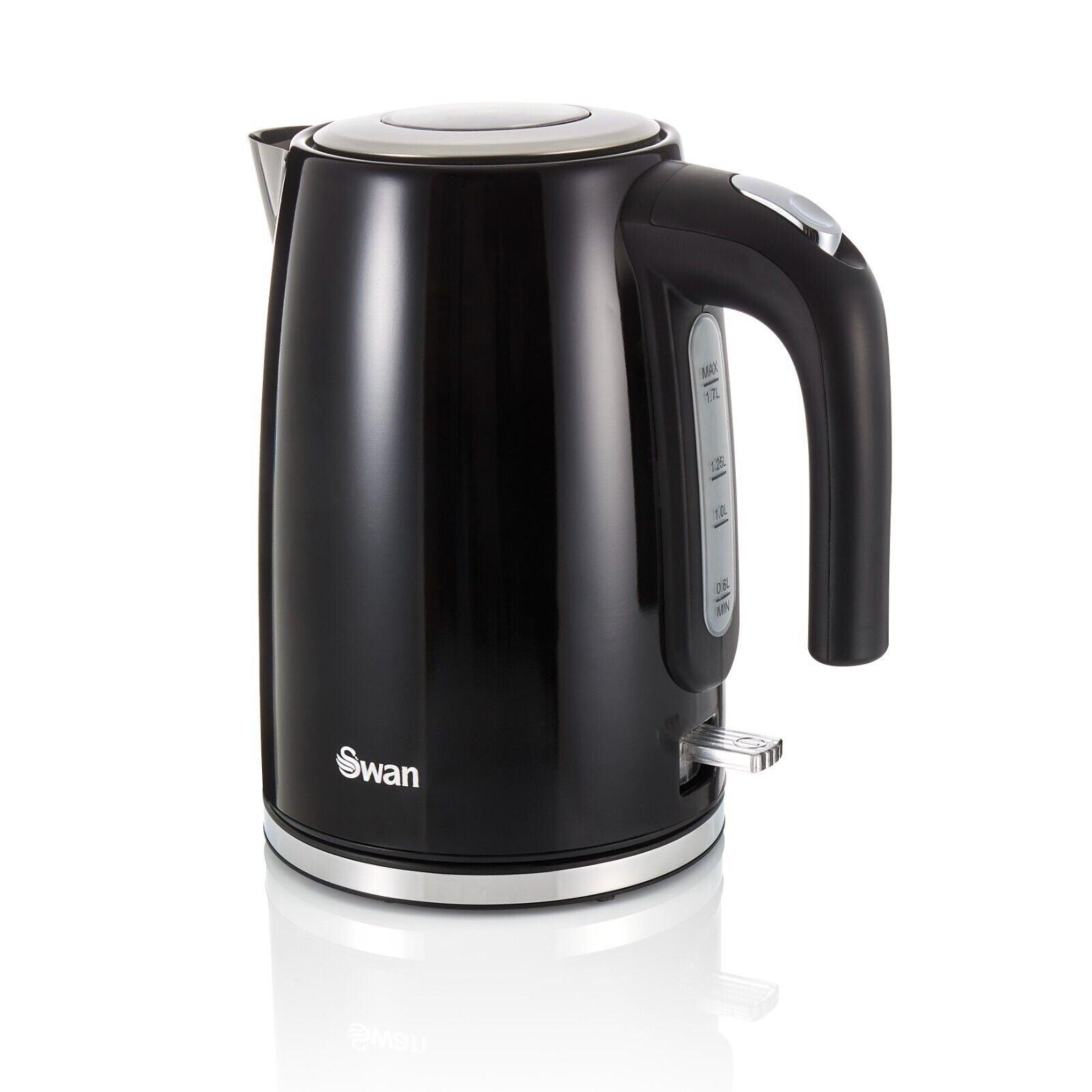 Swan Townhouse Kettle, 2 Slice Toaster, Bread Bin, Canisters Kitchen Set (Black) - Vibe Home