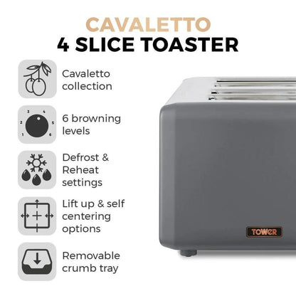 Tower Cavaletto Jug Kettle & 4 Slice Toaster Kitchen Set (Grey) - Vibe Home