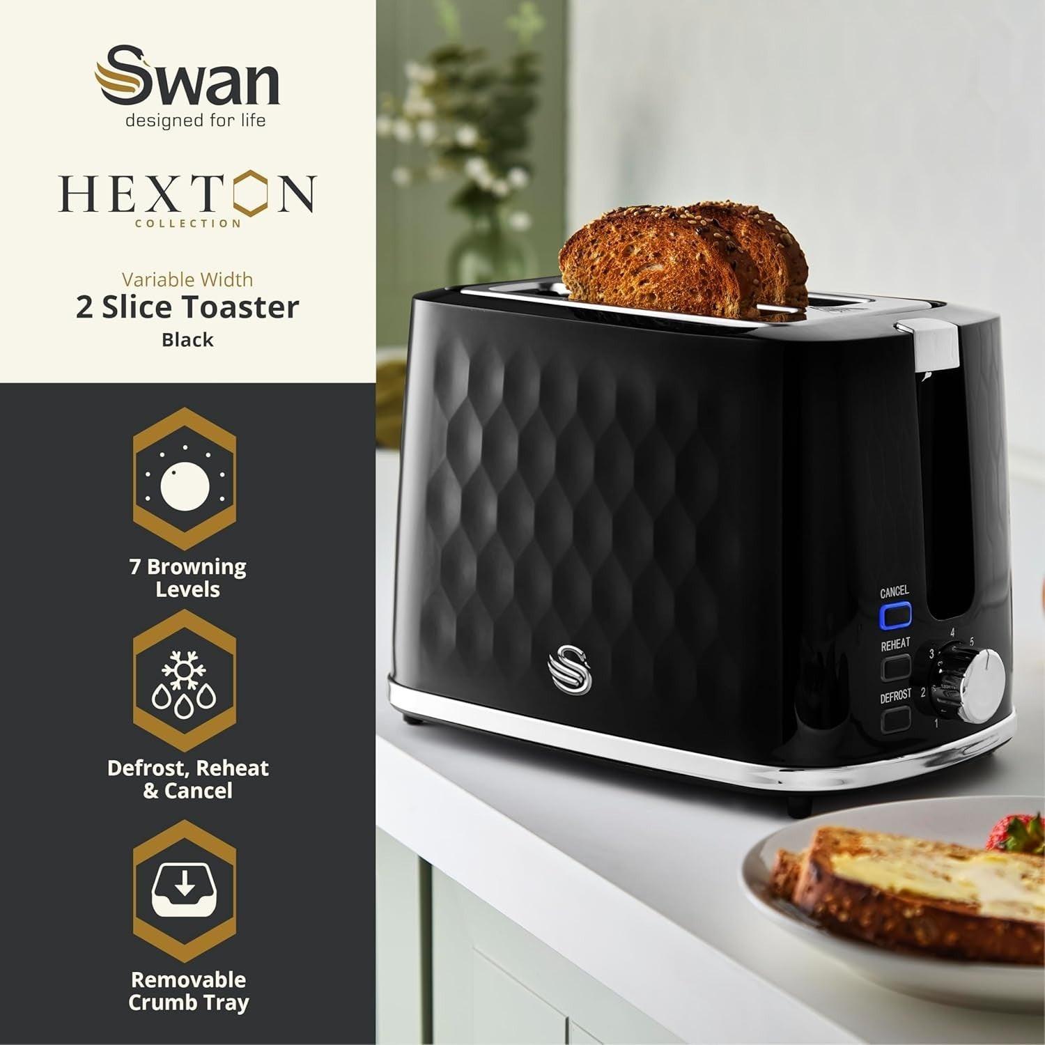 Swan Hexton Kettle & 2 Slice Toaster Kitchen Set (Black) - Vibe Home