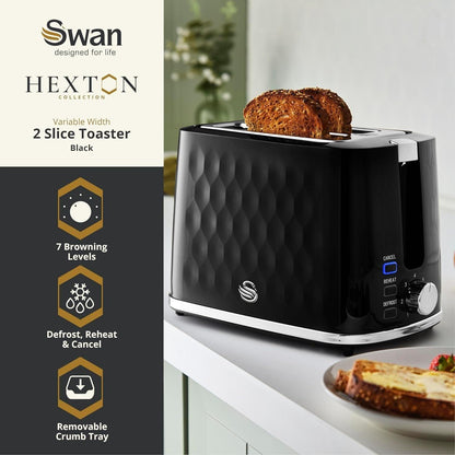 Swan Hexton Kettle & 2 Slice Toaster Kitchen Set (Black) - Vibe Home