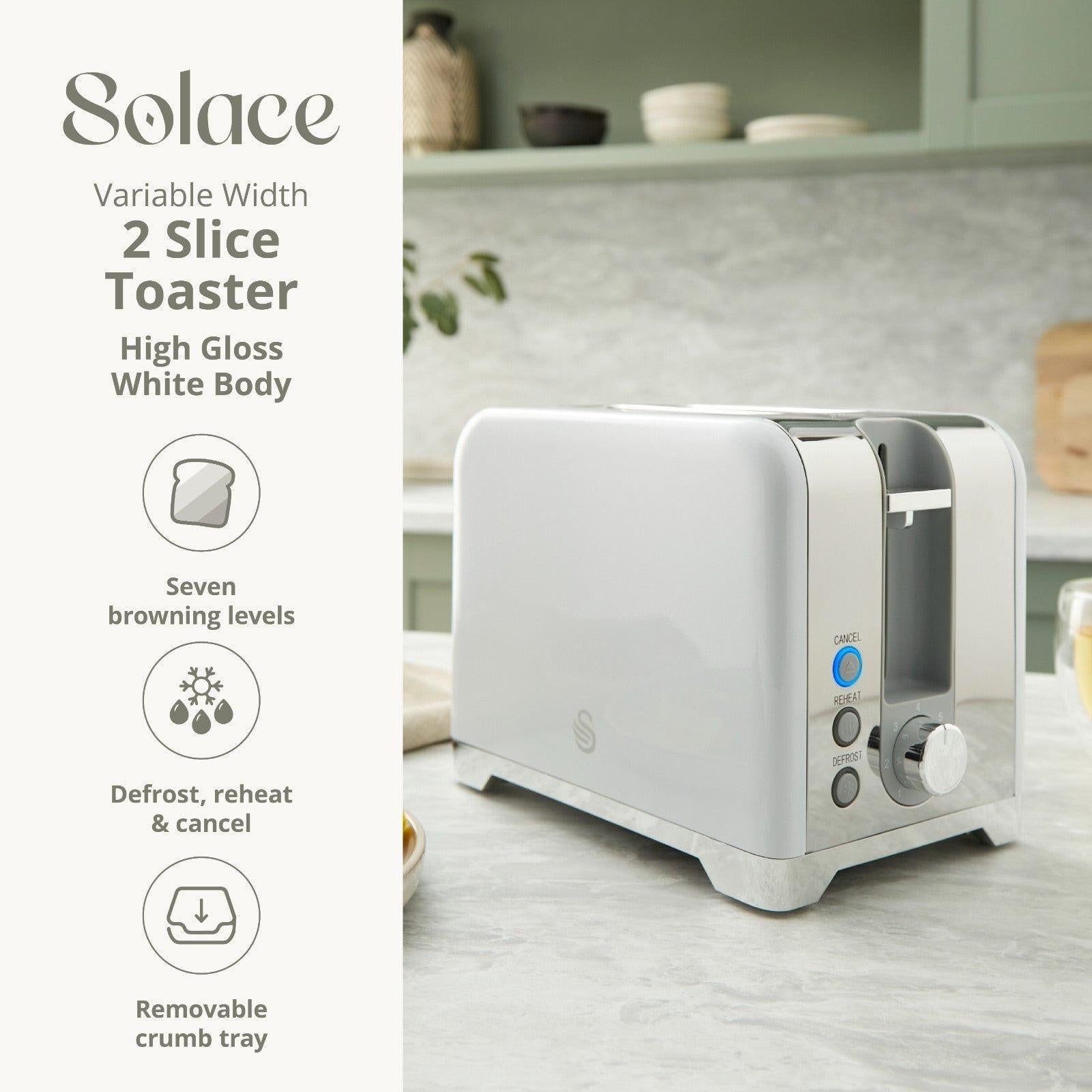 Swan Solace Jug Kettle, 2 Slice Toaster, Bread Bin, Canisters Kitchen Set (White) - Vibe Home