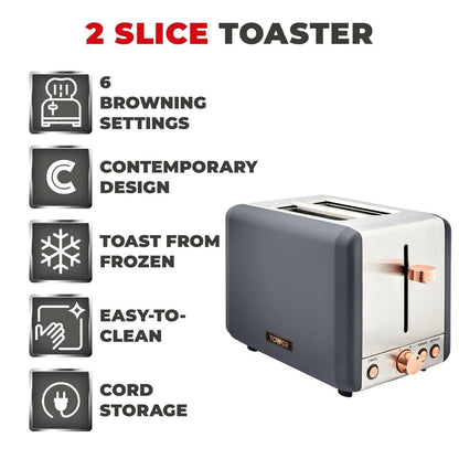Tower Cavaletto Pyramid Kettle, 2 Slice Toaster & Canisters Kitchen Set (Grey) - Vibe Home