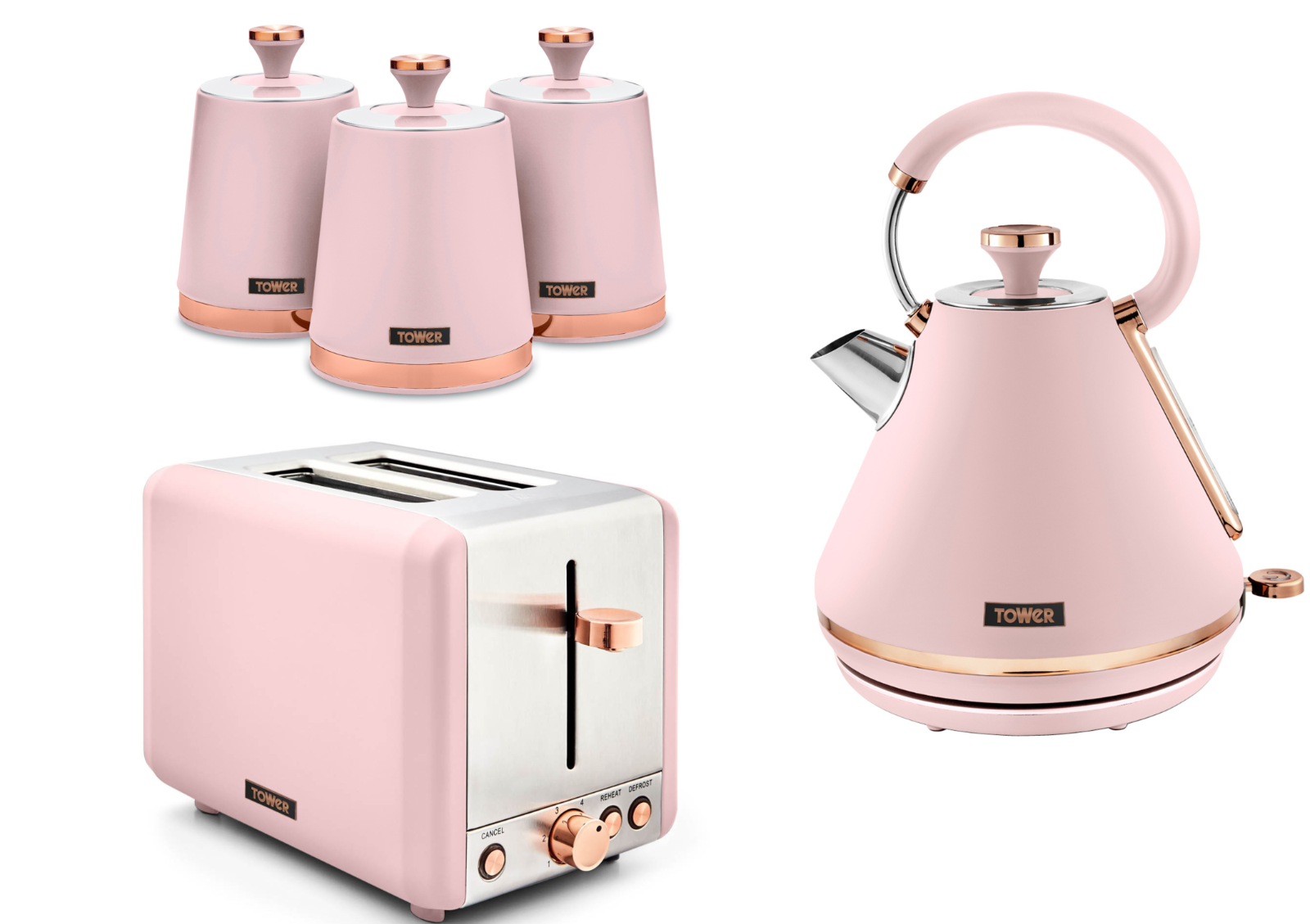 Tower Cavaletto Pyramid Kettle, 2 Slice Toaster & Canisters Kitchen Set (Pink) - Vibe Home