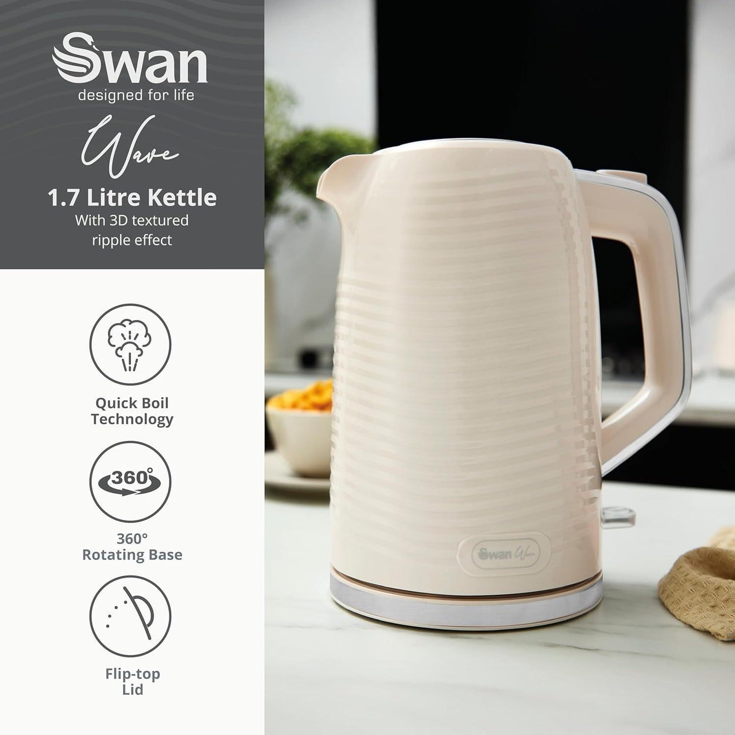 Swan Wave Kettle & 2 Slice Toaster Kitchen Set (Cream) - Vibe Home