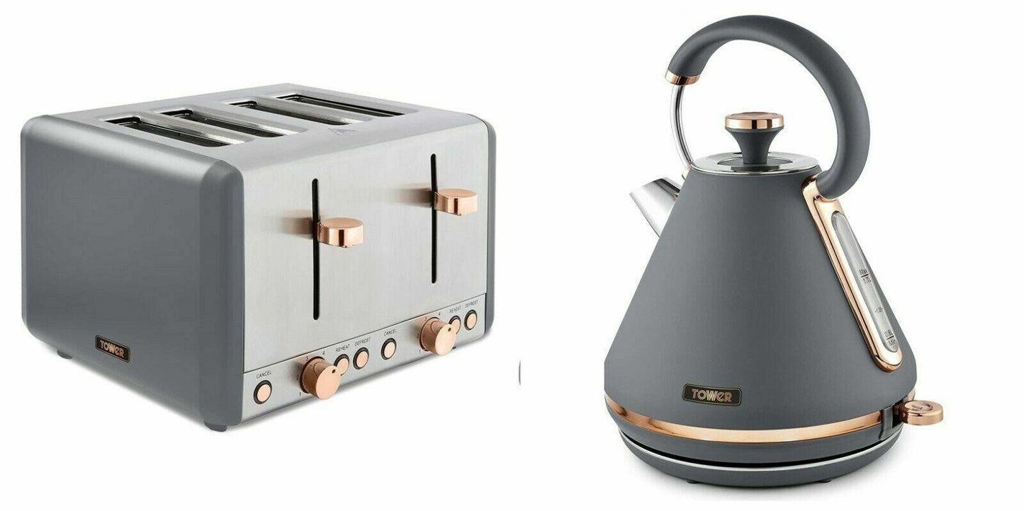 Tower Cavaletto Pyramid Kettle & 4 Slice Toaster Kitchen Set (Grey) - Vibe Home