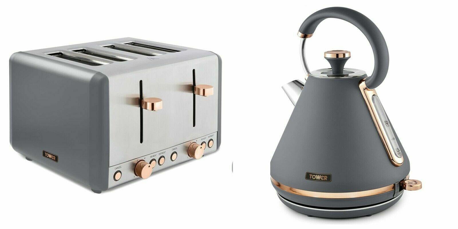 Tower Cavaletto Pyramid Kettle & 4 Slice Toaster Kitchen Set (Grey) - Vibe Home