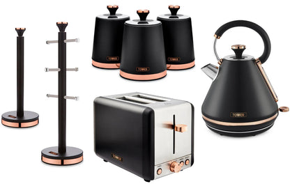 Tower Cavaletto Black 7pc Kitchen Set Kettle 2 Slice Toaster Canisters Mug Tree