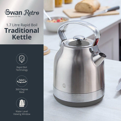 Swan Retro Pyramid Kettle & 4 Slice Toaster Kitchen Set (Stainless Steel) - Vibe Home