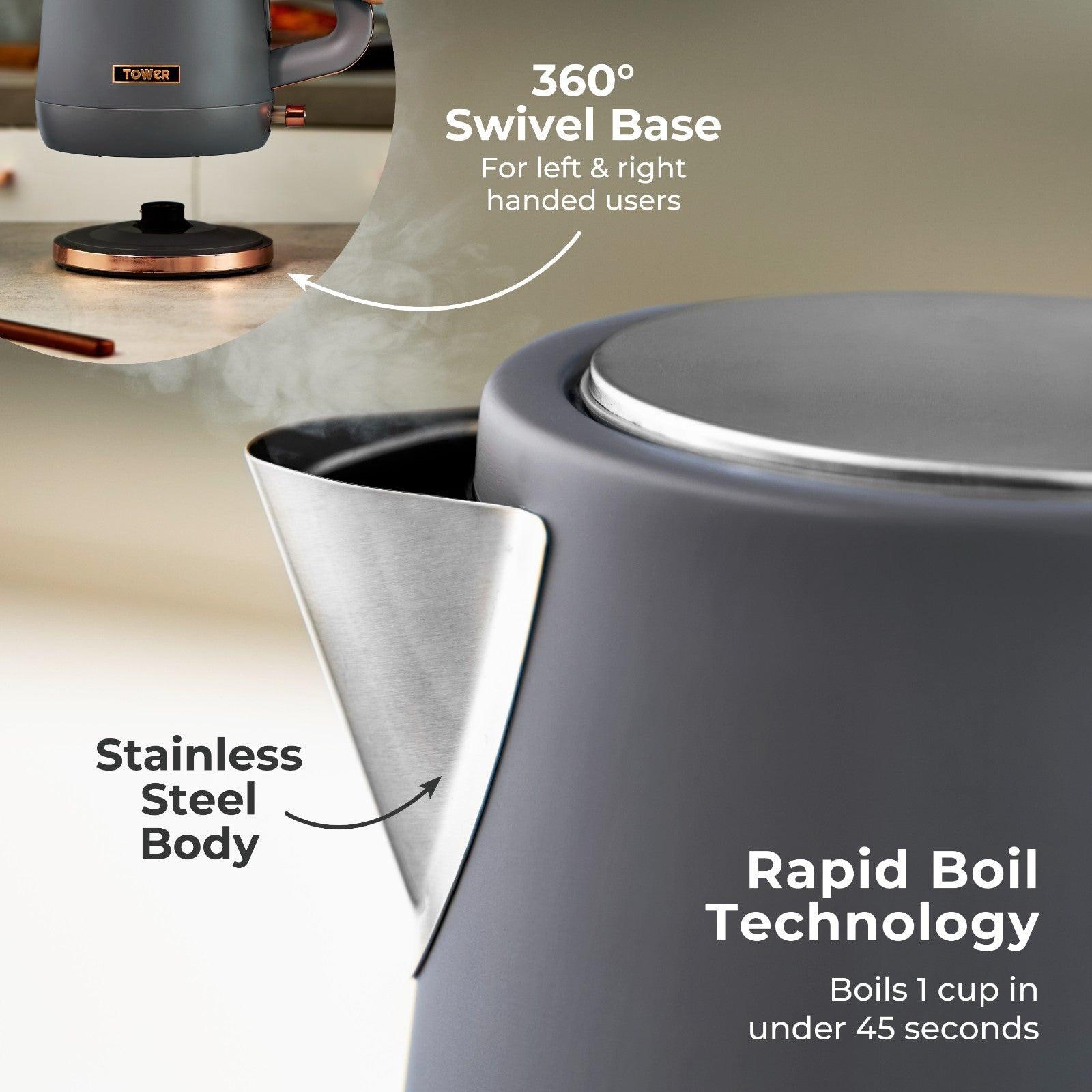 Tower Cavaletto Jug Kettle & 4 Slice Toaster Kitchen Set (Grey) - Vibe Home