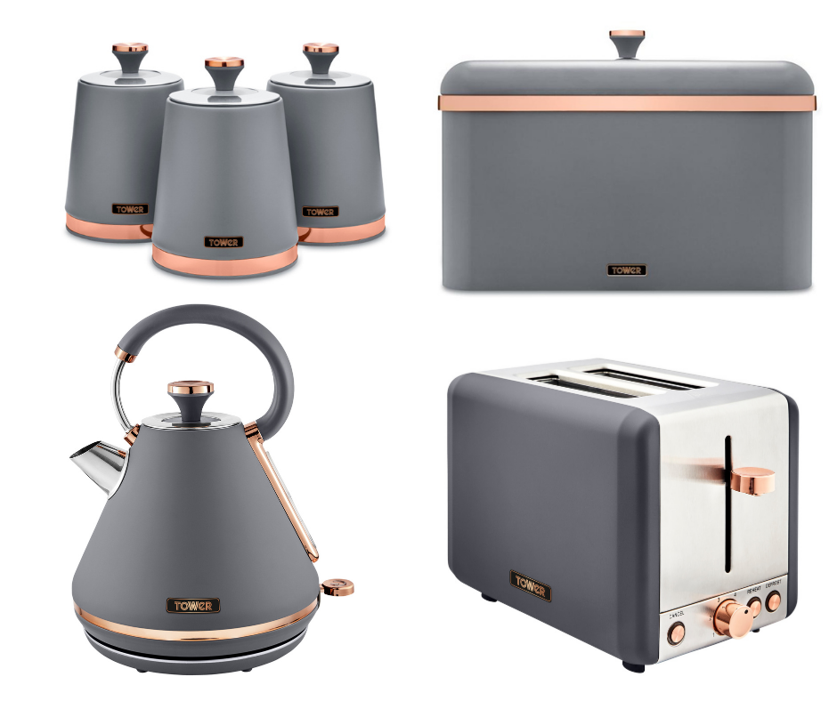 Tower Cavaletto Pyramid Kettle, Toaster, Bread Bin, Canisters Kitchen Set (Grey) - Vibe Home