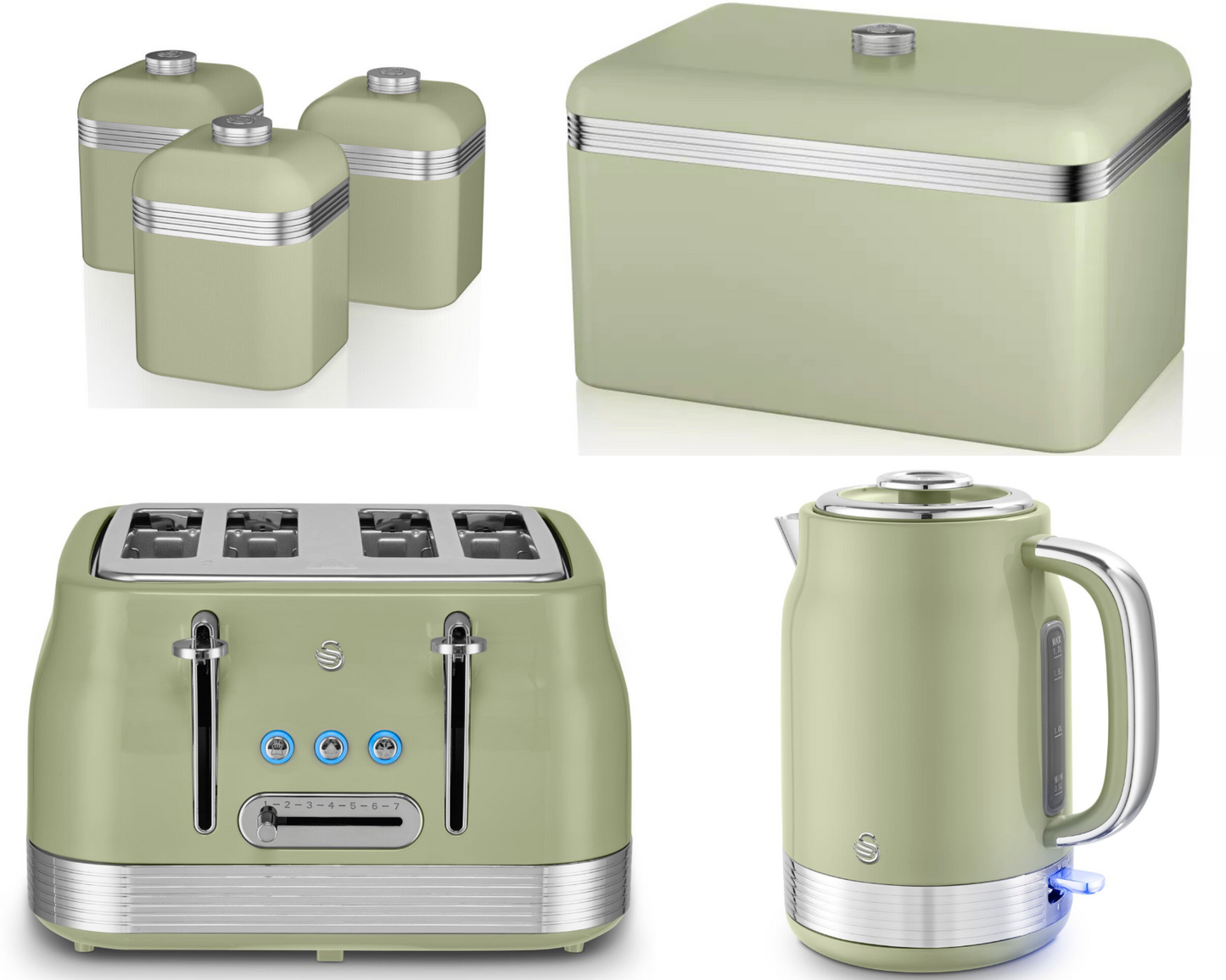 Swan Retro Jug Kettle, 4 Slice Toaster, Bread Bin, Canisters Kitchen Set (Green) - Vibe Home