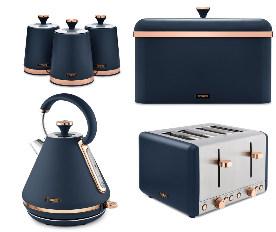 Tower Cavaletto Pyramid Kettle, 4 Slice Toaster, Bread Bin & Canisters Kitchen Set (Midnight Blue) - Vibe Home