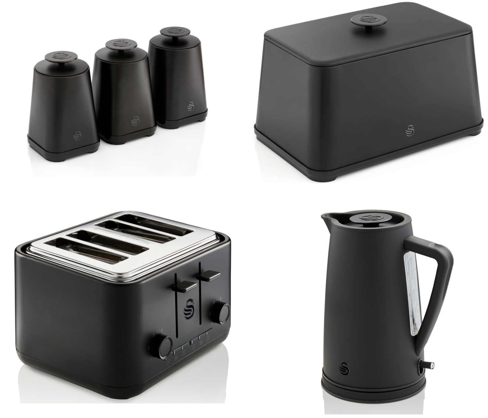 Swan Stealth Kettle, 4 Slice Toaster, Bread Bin, Canisters Kitchen Set (Matt Black) - Vibe Home