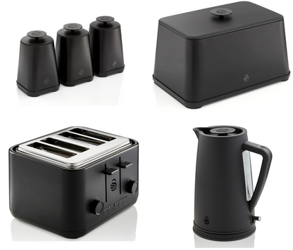 Swan Stealth Kettle, 4 Slice Toaster, Bread Bin, Canisters Kitchen Set (Matt Black) - Vibe Home