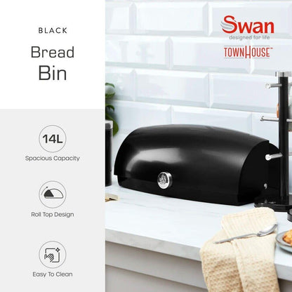 Swan Townhouse Kettle, 2 Slice Toaster, Bread Bin, Canisters Kitchen Set (Black) - Vibe Home