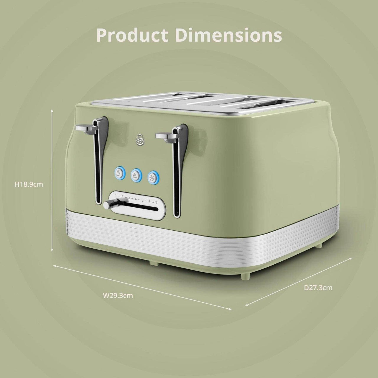 Green retro 4-slice toaster product dimensions diagram