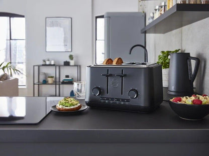 Swan Stealth Kettle, 4 Slice Toaster, Bread Bin, Canisters Kitchen Set (Matt Black) - Vibe Home