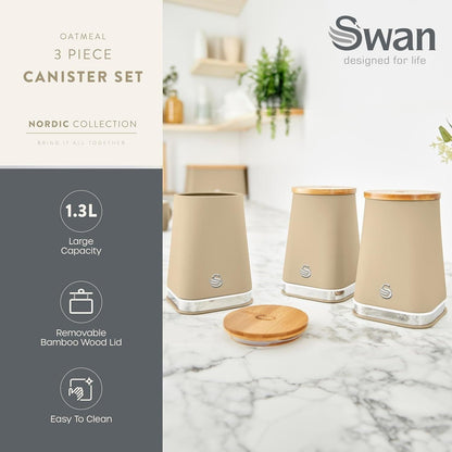 Swan Nordic Kettle, 4 Slice Toaster, Bread Bin, Canisters Kitchen Set (Oatmeal) - Vibe Home