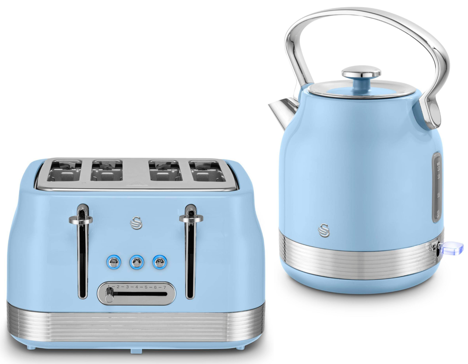 Swan Retro Pyramid Kettle & 4 Slice Toaster Kitchen Set (Blue) - Vibe Home