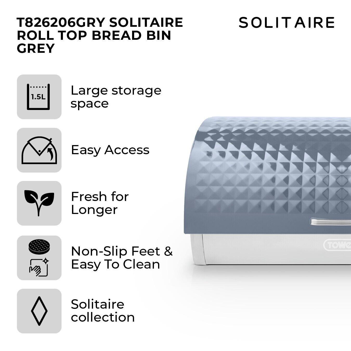 Tower Solitaire Kettle, 2 Slice Toaster, Bread Bin & Canisters Kitchen Set (Grey) - Vibe Home