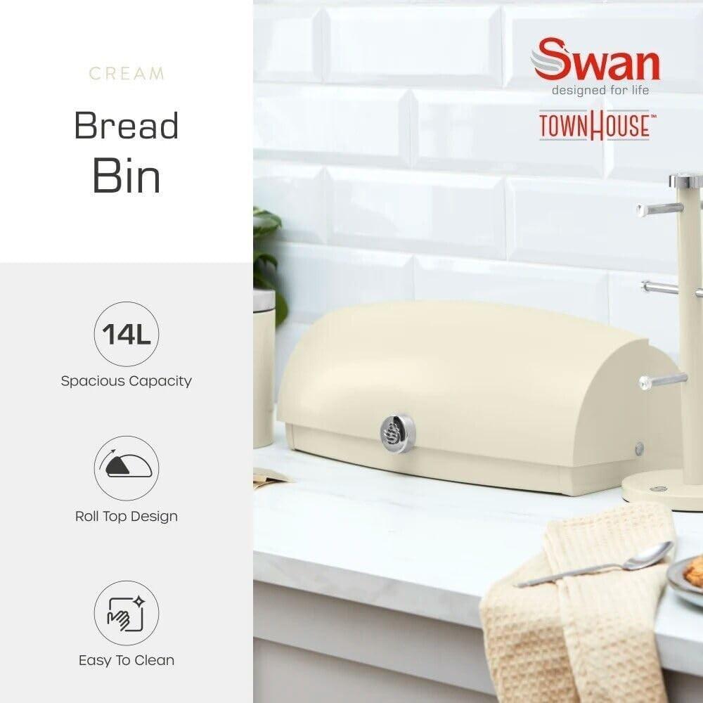 Swan Townhouse Kettle, 2 Slice Toaster, Bread Bin, Canisters Kitchen Set (Cream) - Vibe Home